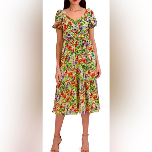 Julia Jordan Floral Puff Sleeve Fit & Flare Midi Dress Size 8 NWT V Neck - Picture 1 of 7